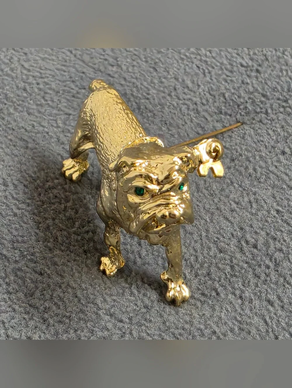 Gold Tone English Bulldog Brooch Green Rhinestone Eye Crystal Collar New